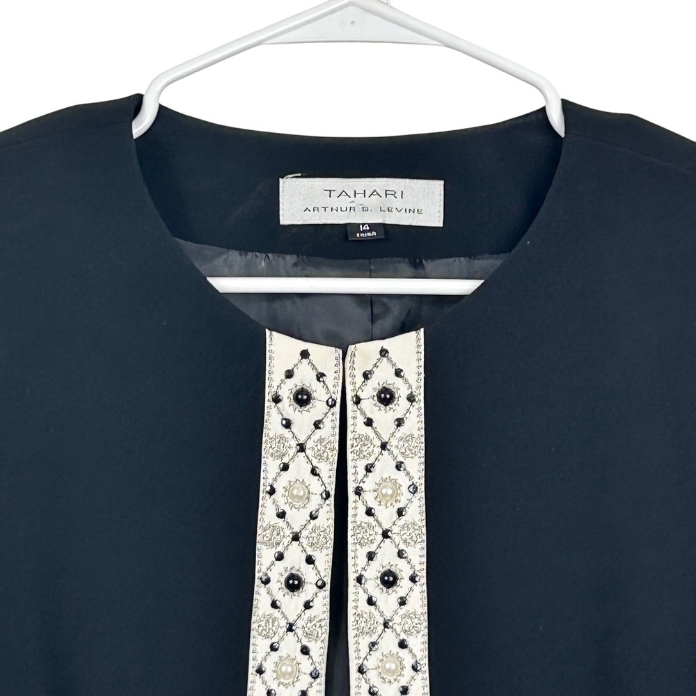 Tahari Blazer Women 14 Black Beaded Pearl Trim Collarless Open Front Jacket - Picture 2 of 10